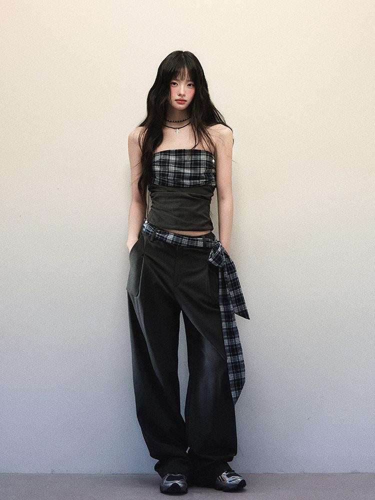1P STUDIO Bandeau Plaid Patchwork Tie Waist Wide Leg Loose Women&