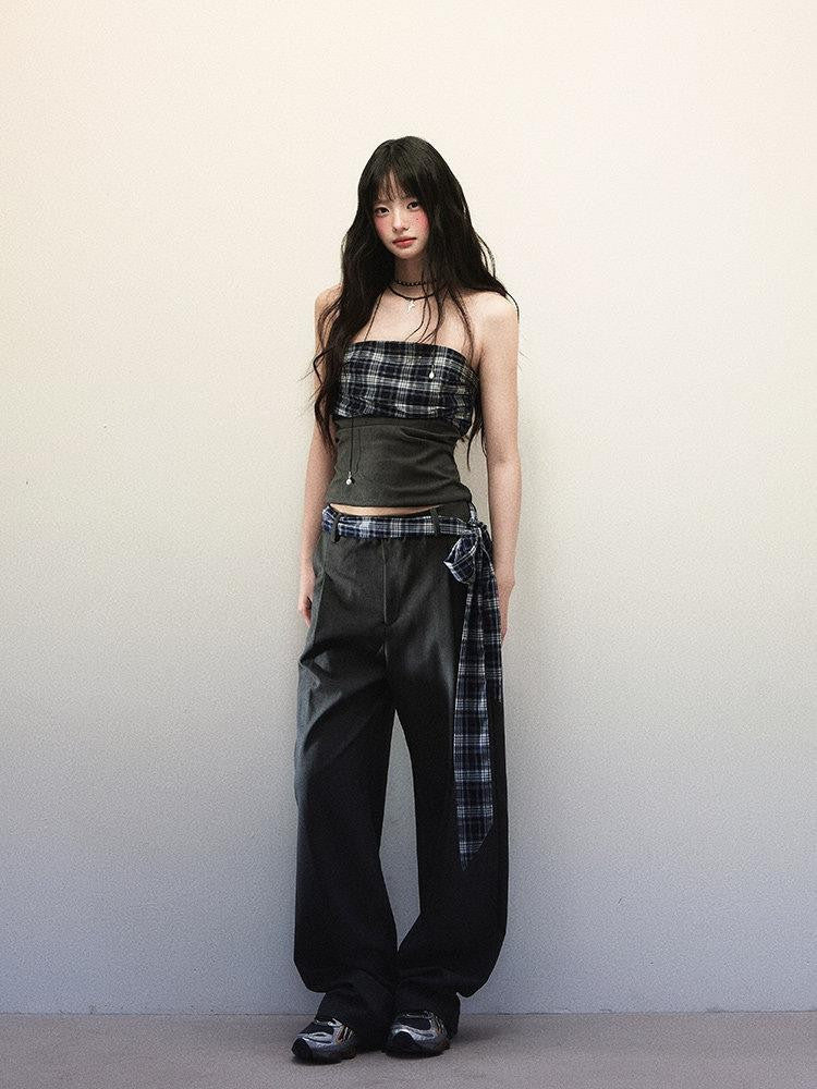 1P STUDIO Bandeau Plaid Patchwork Tie Waist Wide Leg Loose Women&