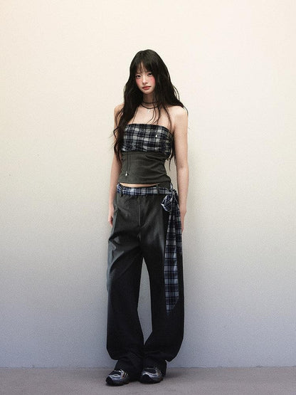 1P STUDIO Bandeau Plaid Patchwork Tie Waist Wide Leg Loose Women&