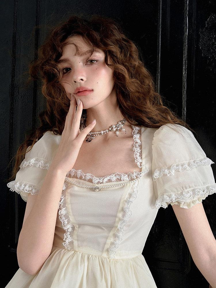 1P STUDIO Beaded Rhinestone Lace Puff Sleeve Waist Cinch Women&