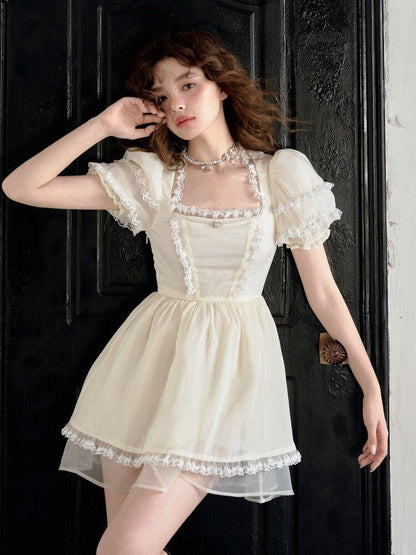 1P STUDIO Beaded Rhinestone Lace Puff Sleeve Waist Cinch Women&