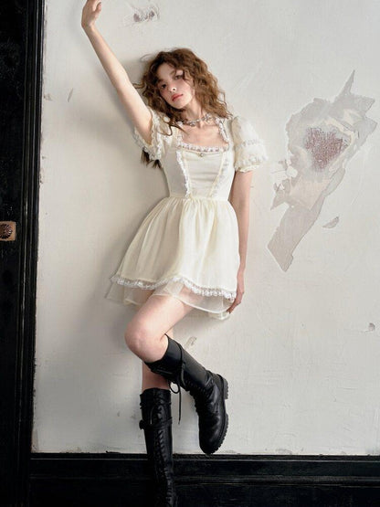 1P STUDIO Beaded Rhinestone Lace Puff Sleeve Waist Cinch Women&