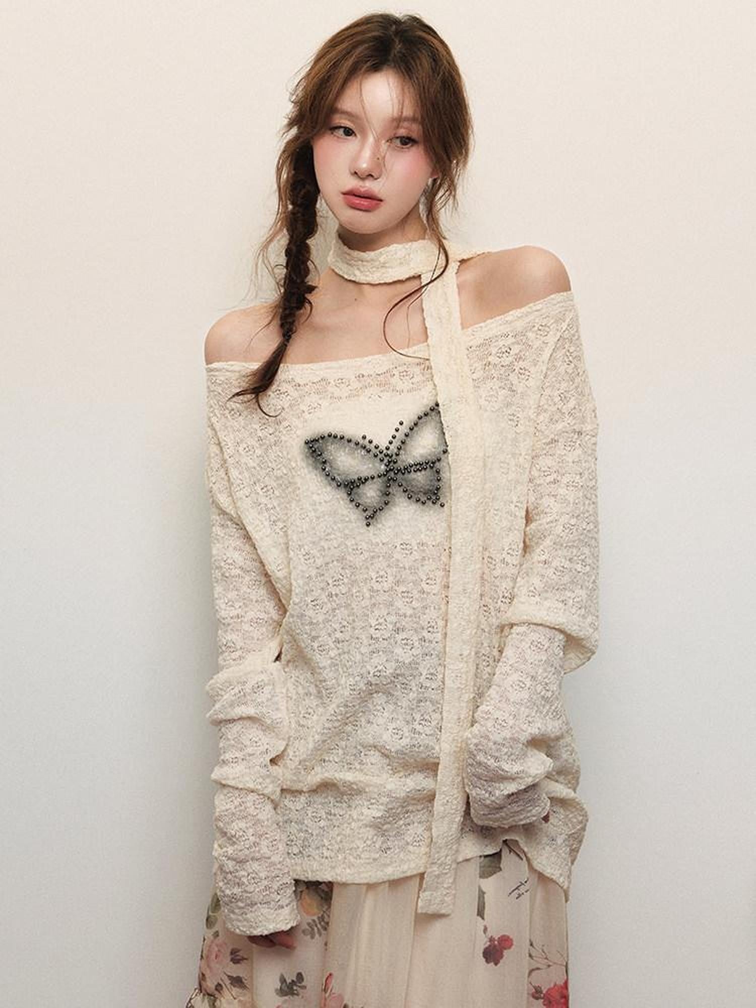 1P STUDIO Beige Beaded Lace Rose Floral Long Sleeve Pullover Women&