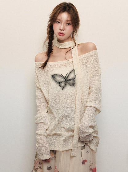 1P STUDIO Beige Beaded Lace Rose Floral Long Sleeve Pullover Women&