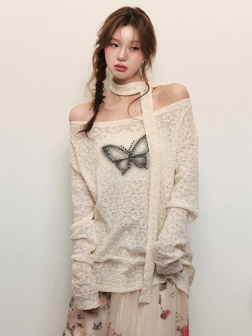 1P STUDIO Beige Beaded Lace Rose Floral Long Sleeve Pullover Women&