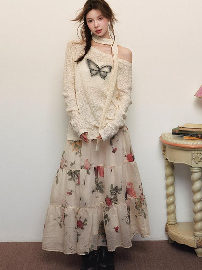 1P STUDIO Beige Beaded Lace Rose Floral Long Sleeve Pullover Women&