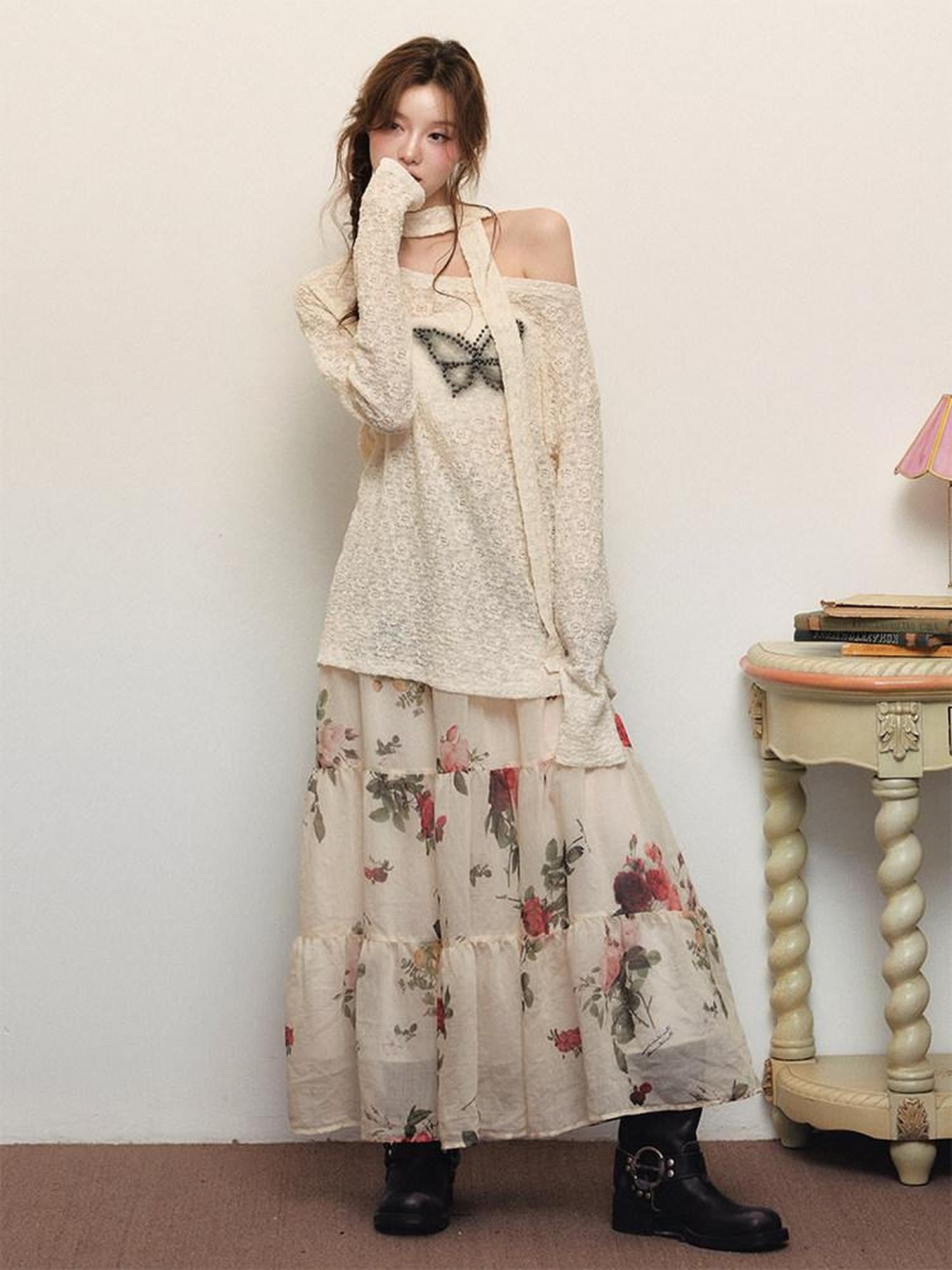 1P STUDIO Beige Beaded Lace Rose Floral Long Sleeve Pullover Women&