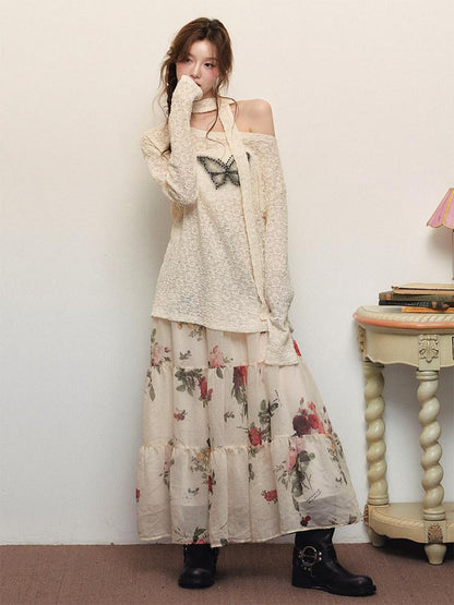 1P STUDIO Beige Beaded Lace Rose Floral Long Sleeve Pullover Women&