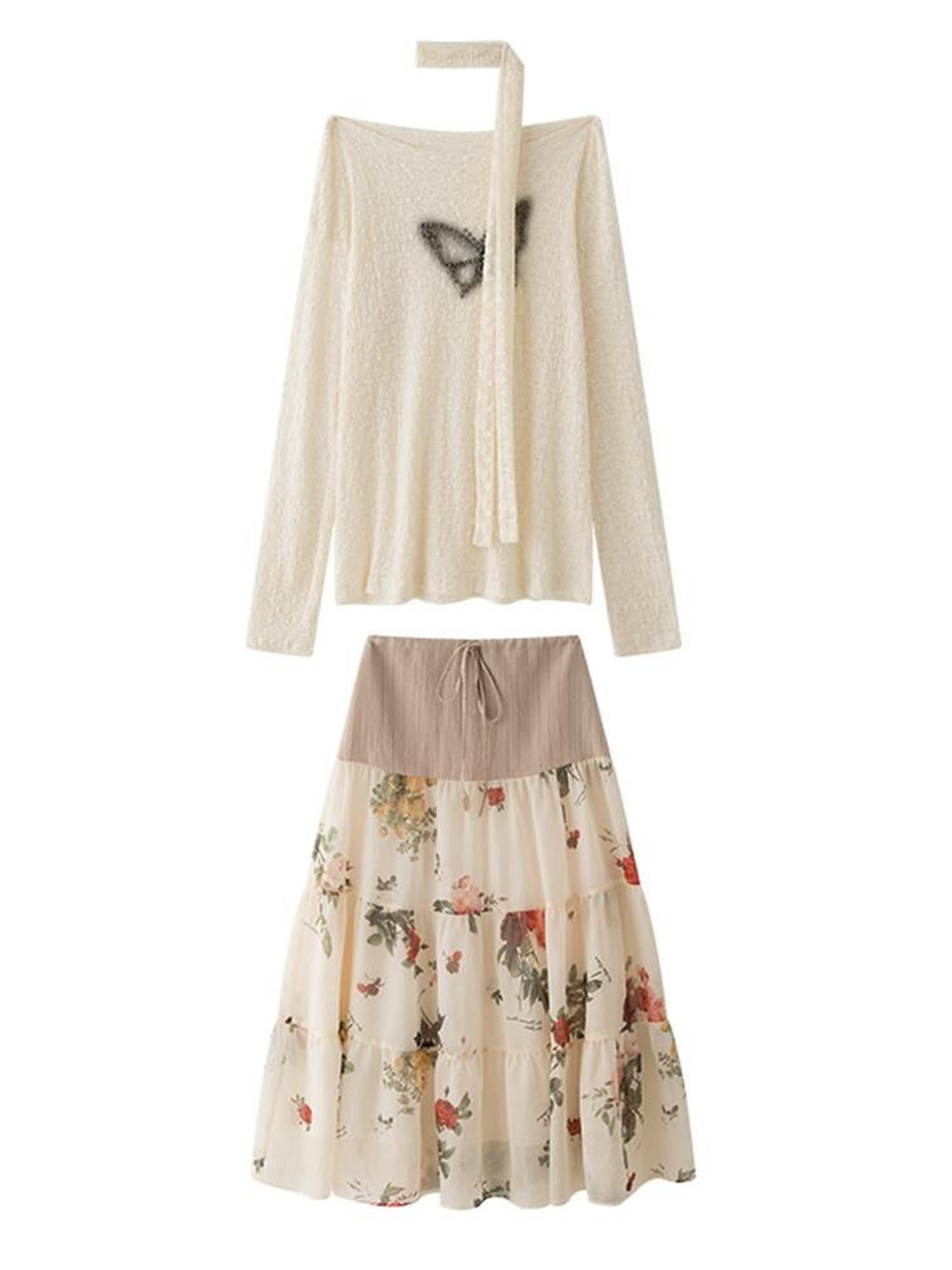 1P STUDIO Beige Beaded Lace Rose Floral Long Sleeve Pullover Women&