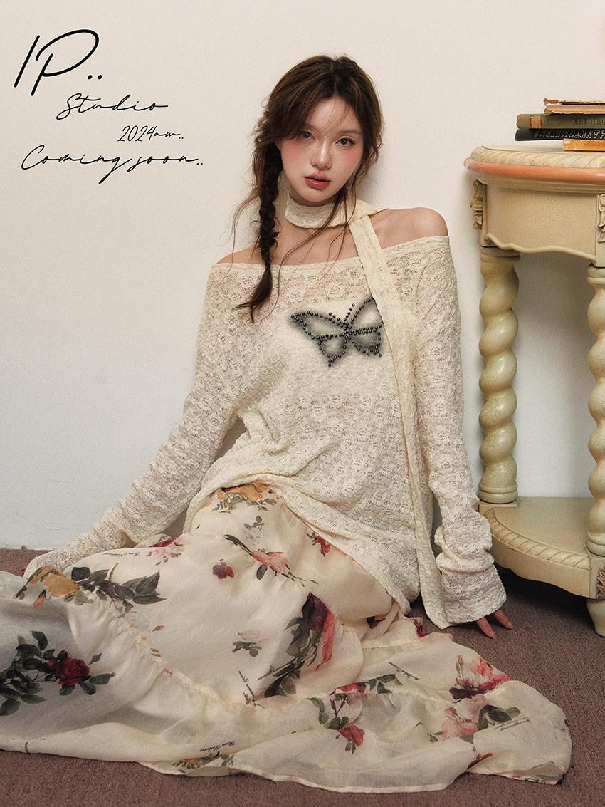 1P STUDIO Beige Beaded Lace Rose Floral Long Sleeve Pullover Women&