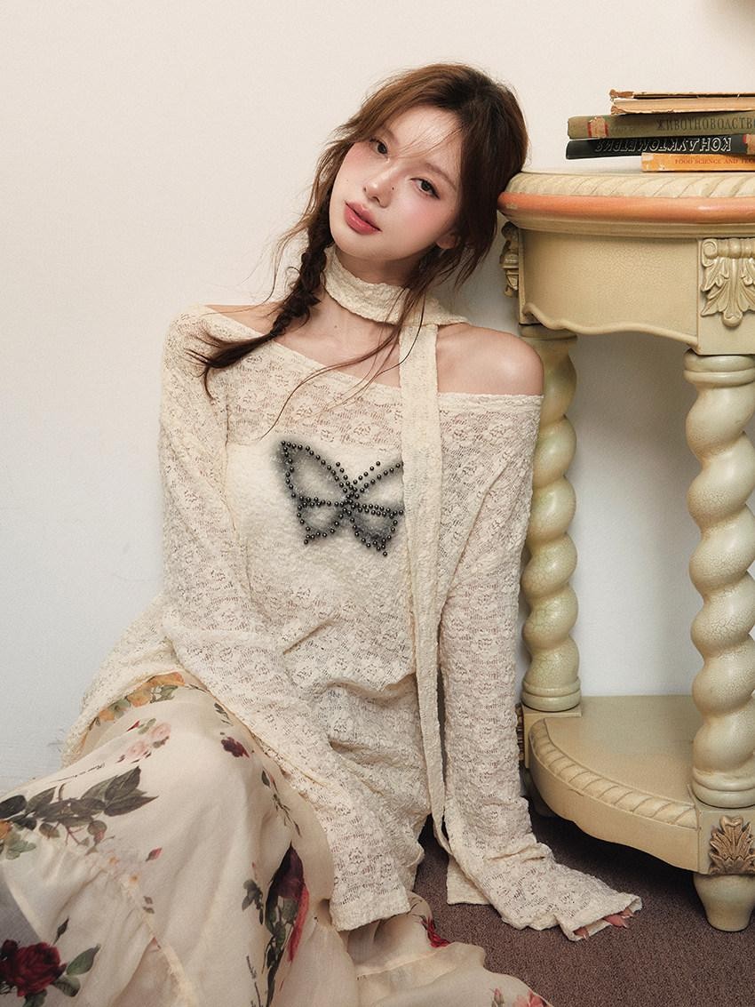 1P STUDIO Beige Beaded Lace Rose Floral Long Sleeve Pullover Women&