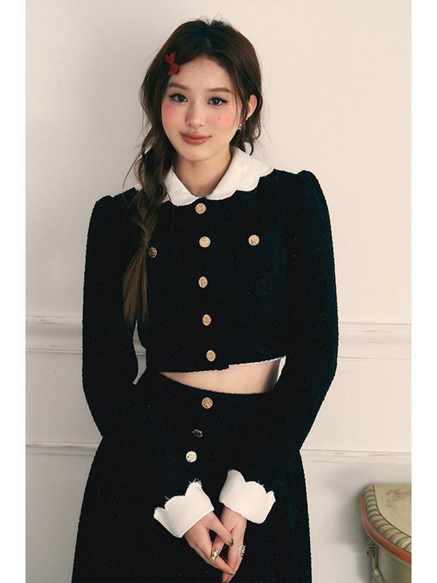 1P STUDIO Beige Black Colorblock Tweed Cropped Women&