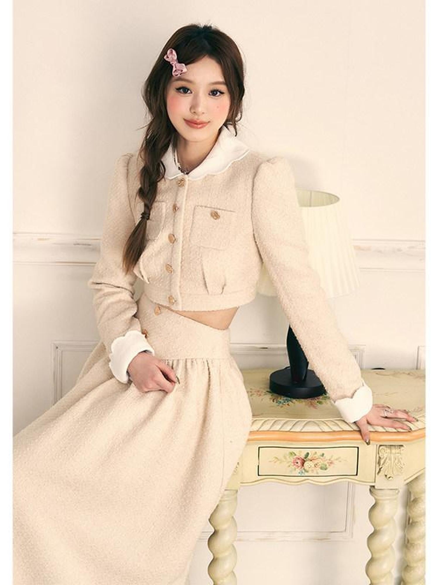 1P STUDIO Beige Black Colorblock Tweed Cropped Women&