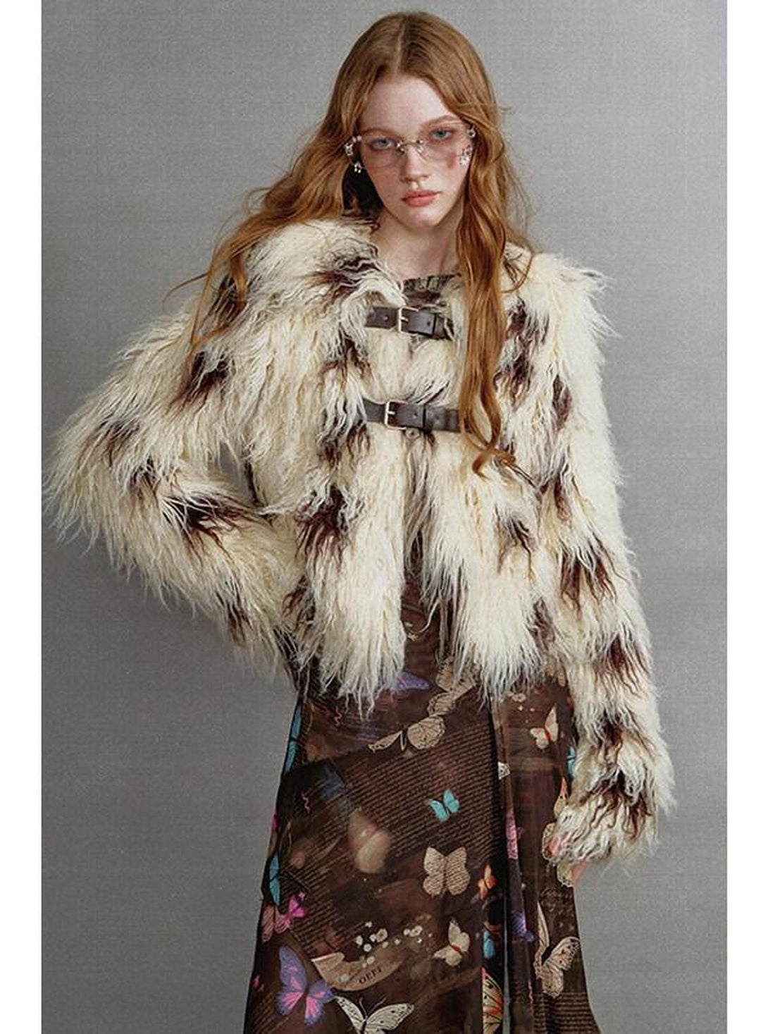 1P STUDIO Beige Brown Cow Print Lapel Collar Leather Tab Women&