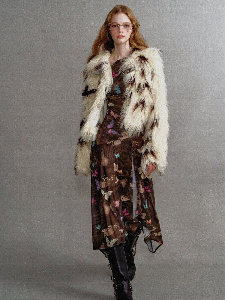 1P STUDIO Beige Brown Cow Print Lapel Collar Leather Tab Women&