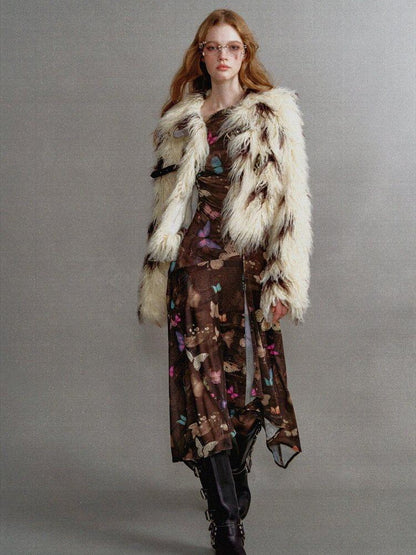 1P STUDIO Beige Brown Cow Print Lapel Collar Leather Tab Women&