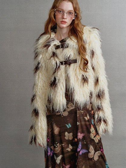 1P STUDIO Beige Brown Cow Print Lapel Collar Leather Tab Women&