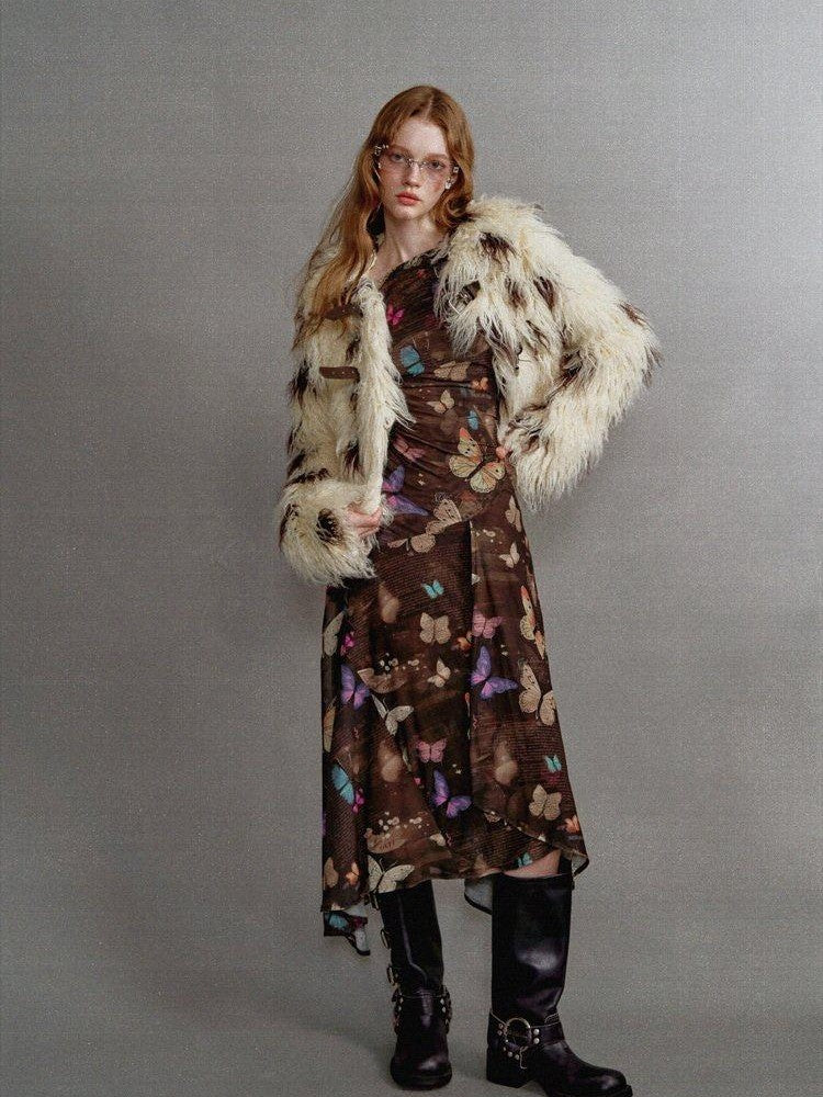 1P STUDIO Beige Brown Cow Print Lapel Collar Leather Tab Women&