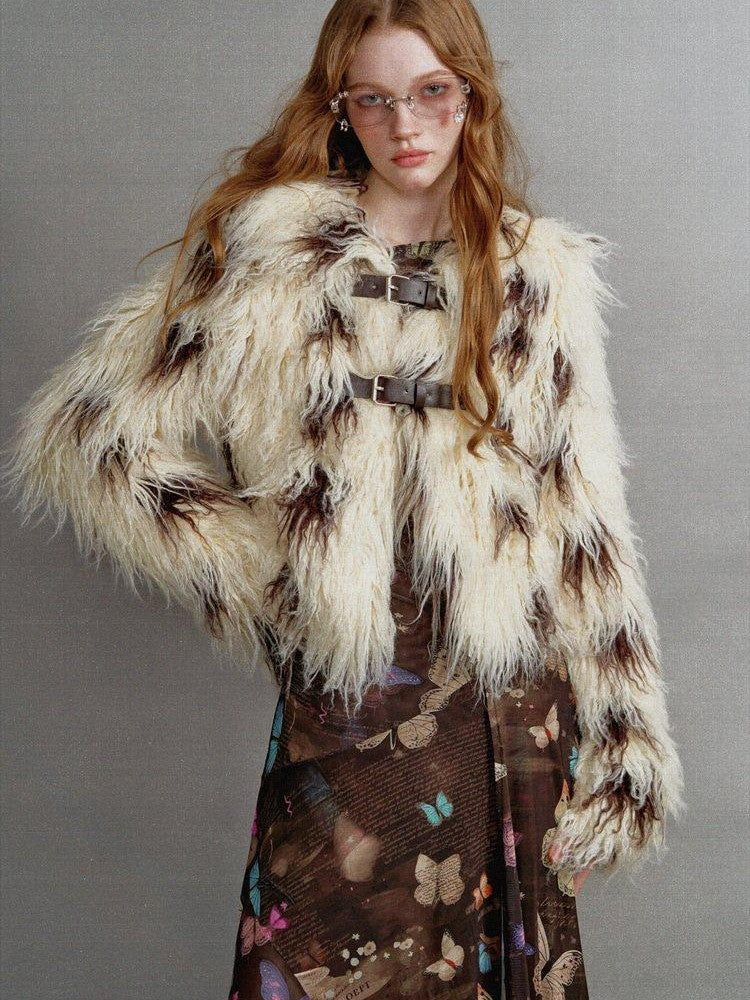 1P STUDIO Beige Brown Cow Print Lapel Collar Leather Tab Women&