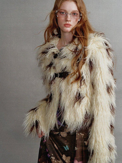 1P STUDIO Beige Brown Cow Print Lapel Collar Leather Tab Women&