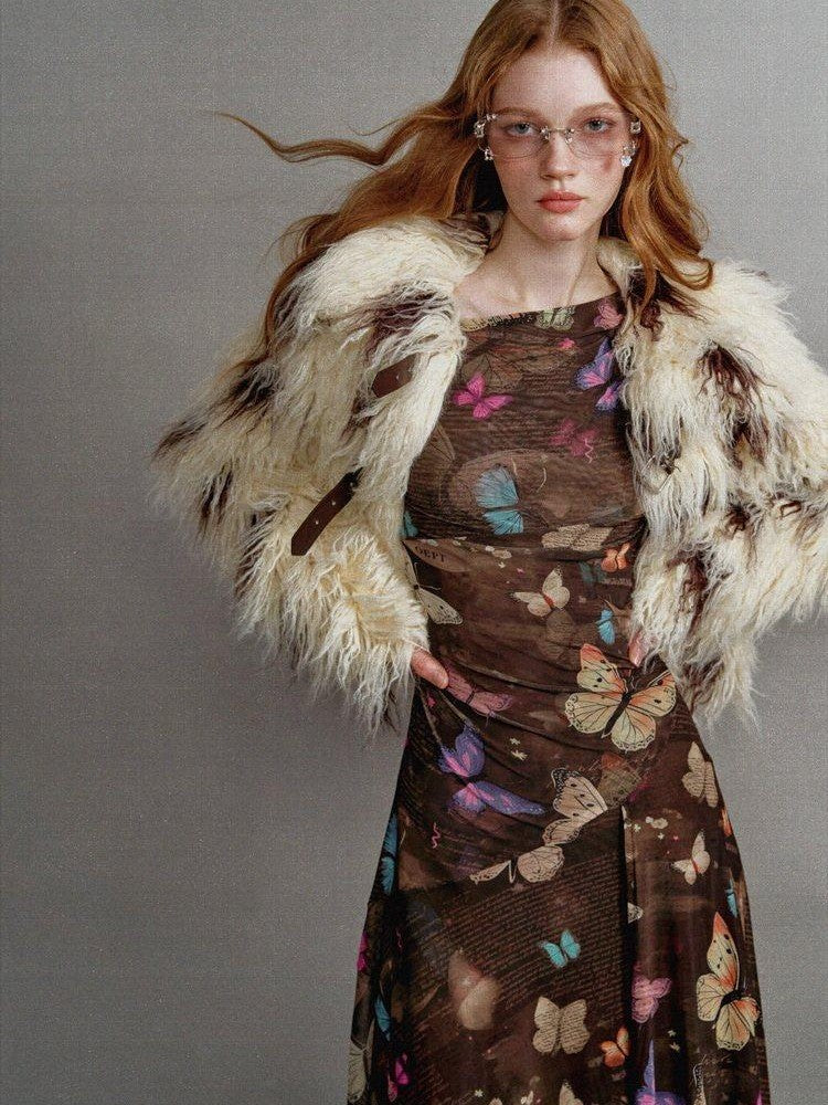 1P STUDIO Beige Brown Cow Print Lapel Collar Leather Tab Women&