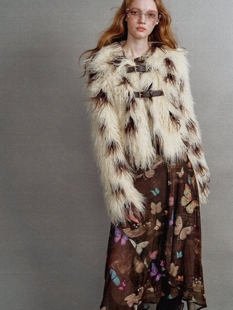 1P STUDIO Beige Brown Cow Print Lapel Collar Leather Tab Women&