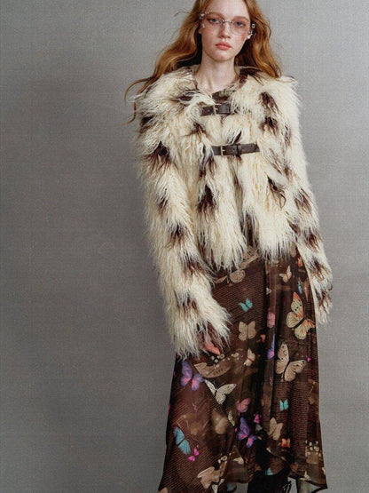 1P STUDIO Beige Brown Cow Print Lapel Collar Leather Tab Women&