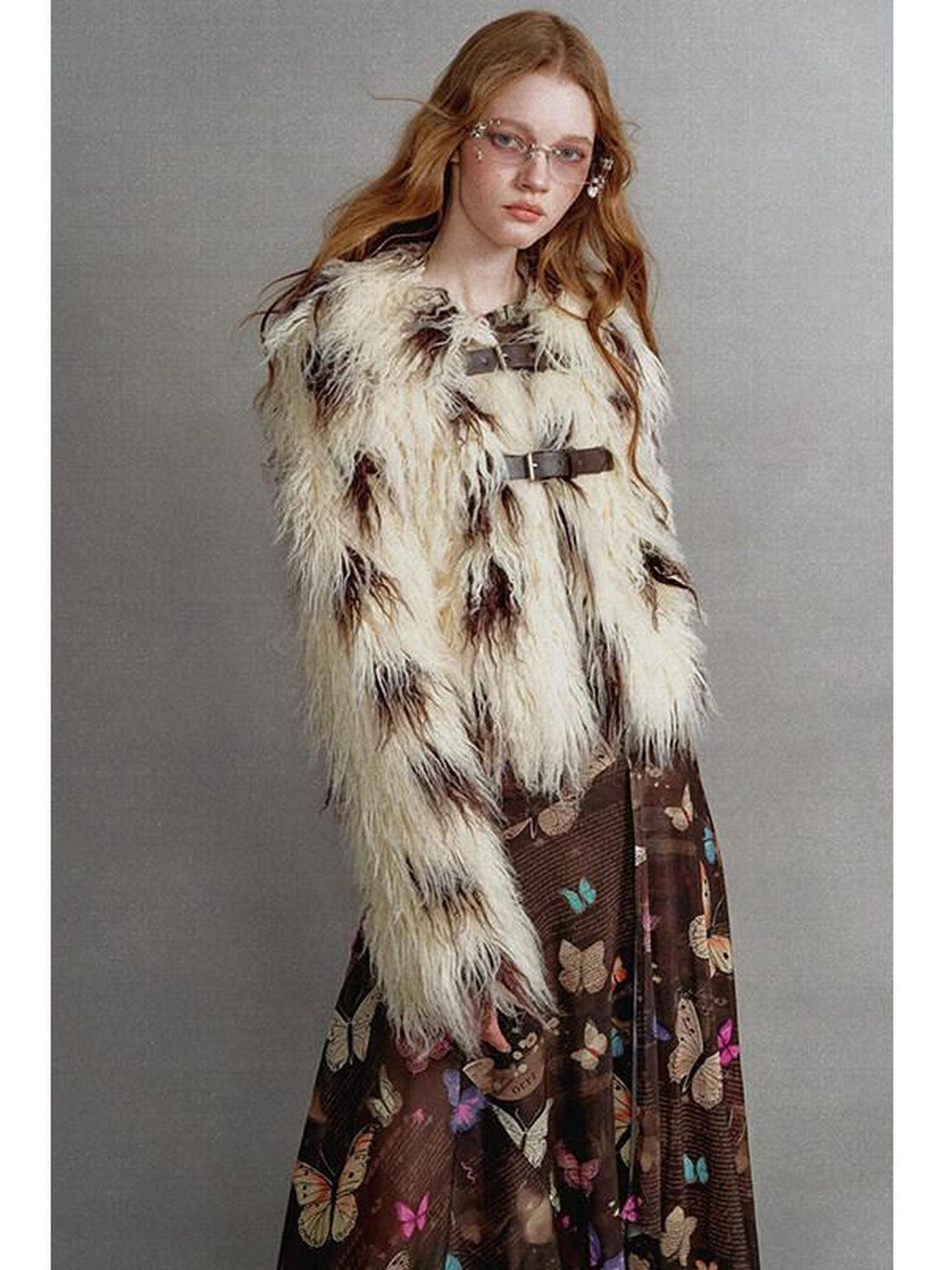 1P STUDIO Beige Brown Cow Print Lapel Collar Leather Tab Women&