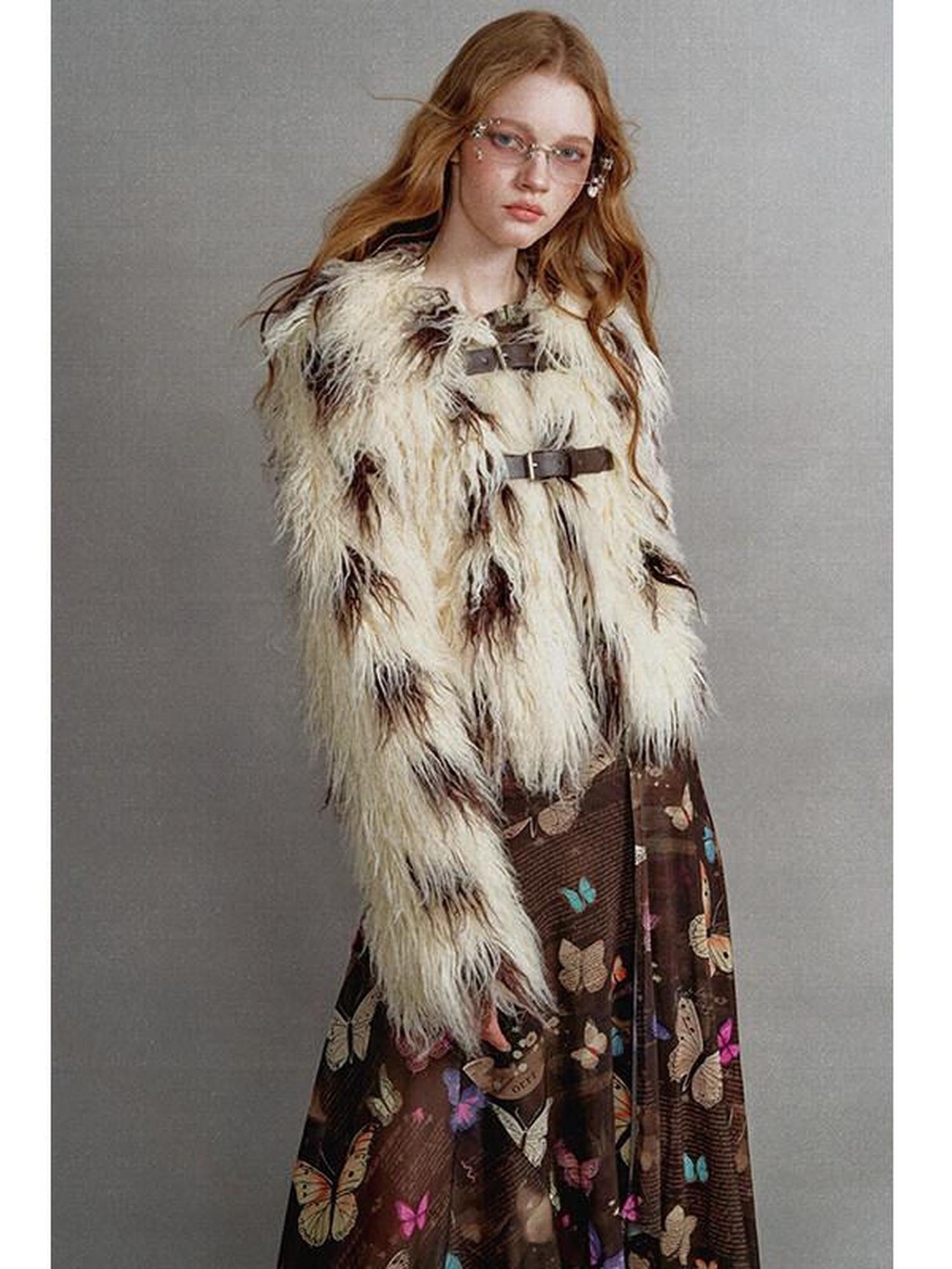 1P STUDIO Beige Brown Cow Print Lapel Collar Leather Tab Women&
