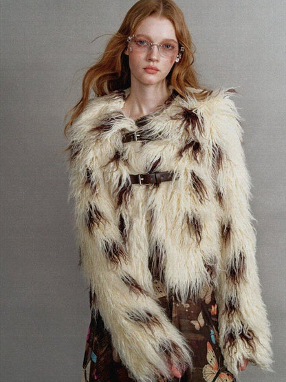 1P STUDIO Beige Brown Cow Print Lapel Collar Leather Tab Women&