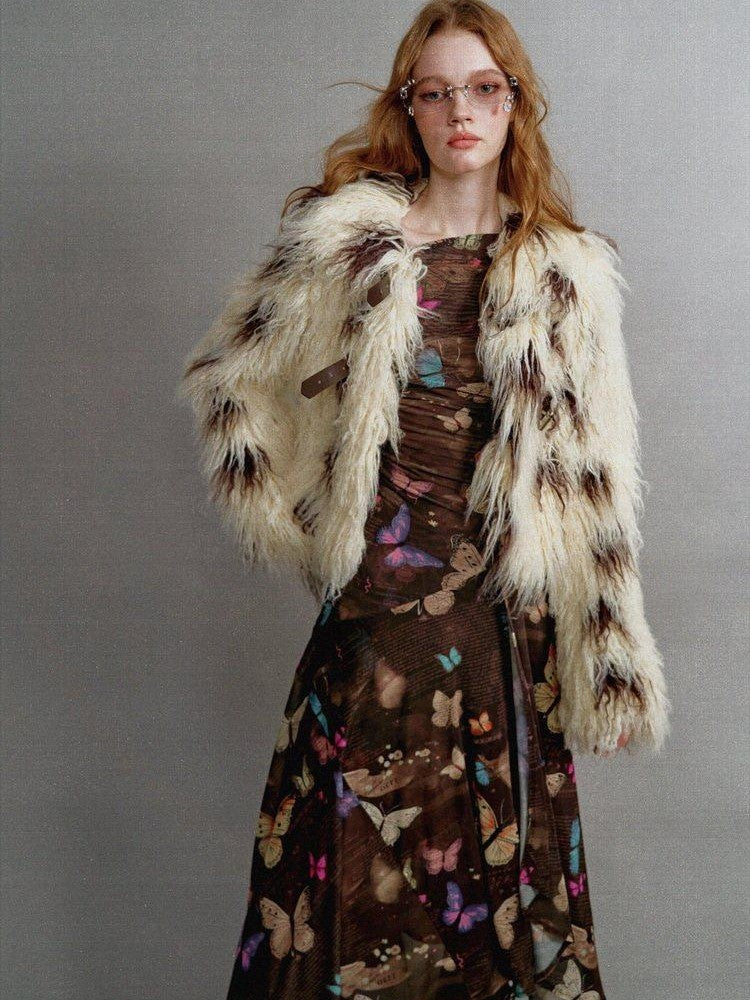 1P STUDIO Beige Brown Cow Print Lapel Collar Leather Tab Women&