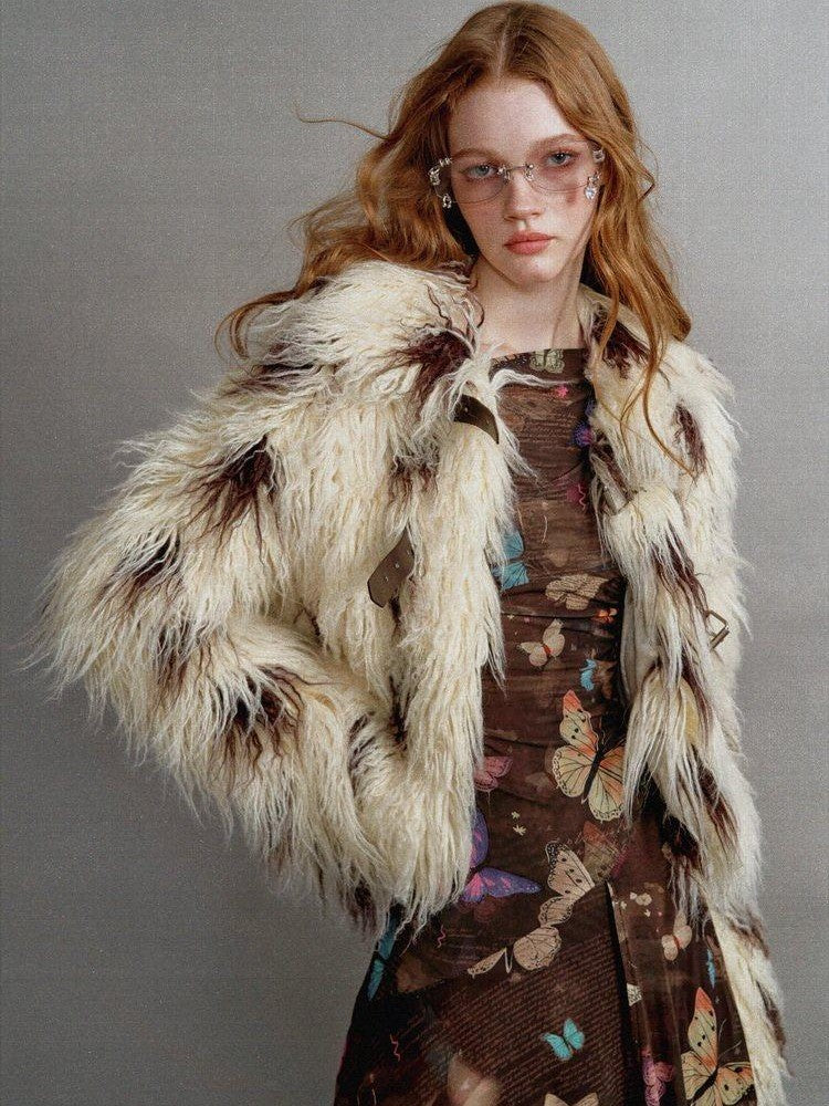 1P STUDIO Beige Brown Cow Print Lapel Collar Leather Tab Women&