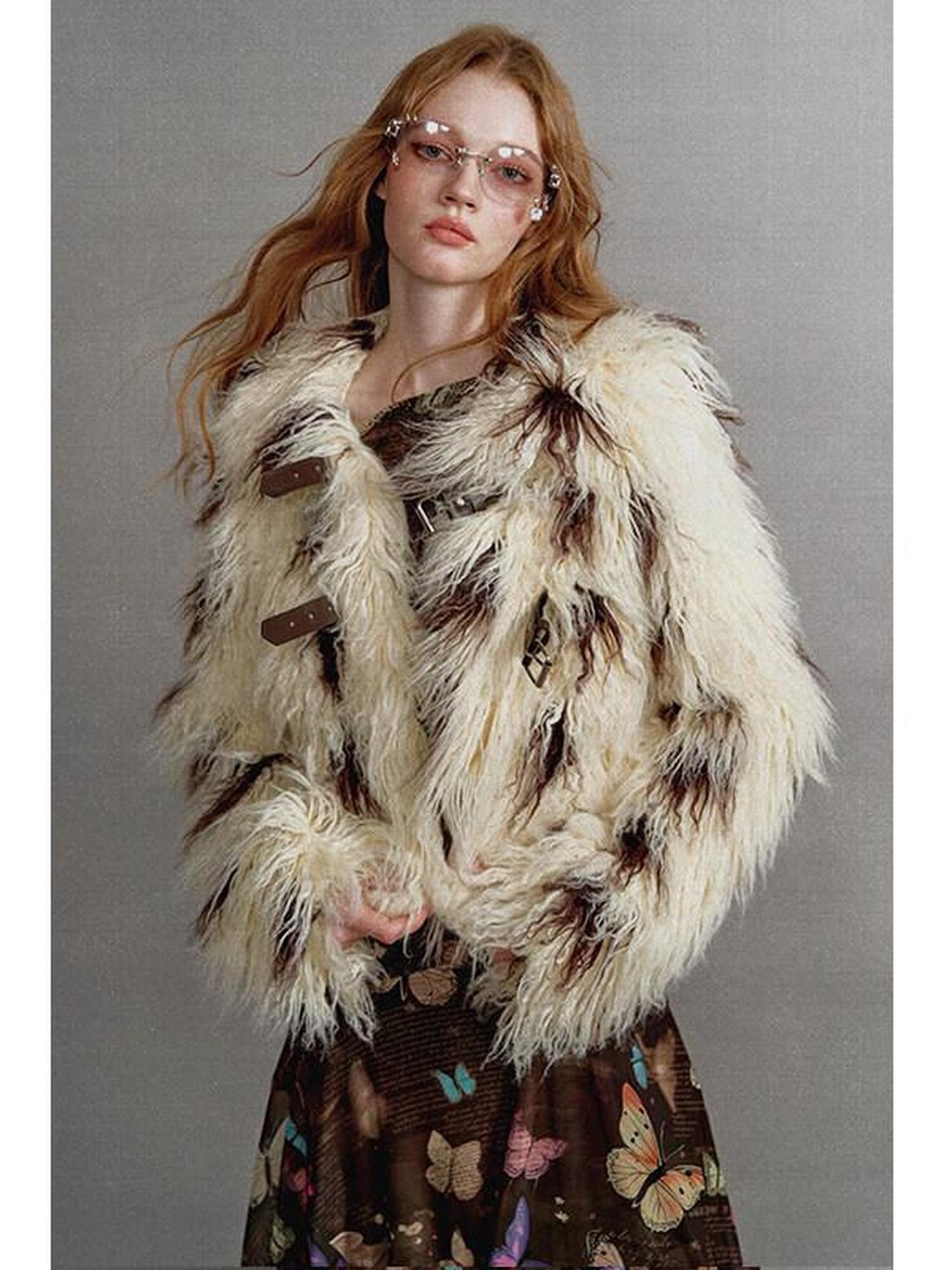 1P STUDIO Beige Brown Cow Print Lapel Collar Leather Tab Women&