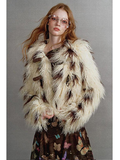 1P STUDIO Beige Brown Cow Print Lapel Collar Leather Tab Women&