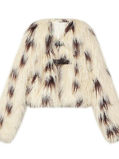 1P STUDIO Beige Brown Cow Print Lapel Collar Leather Tab Women&
