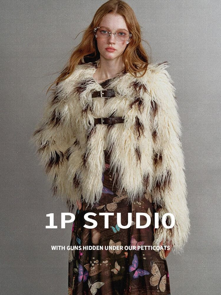 1P STUDIO Beige Brown Cow Print Lapel Collar Leather Tab Women&