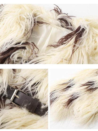 1P STUDIO Beige Brown Cow Print Lapel Collar Leather Tab Women&