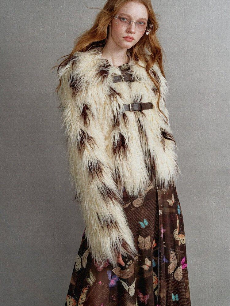 1P STUDIO Beige Brown Cow Print Lapel Collar Leather Tab Women&