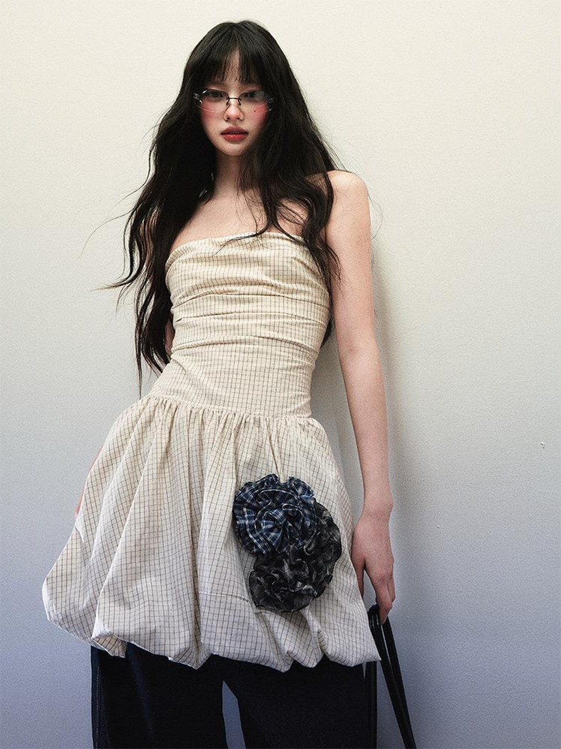 1P STUDIO Beige Fine Check Handcrafted Floral Cinched Waist Women&