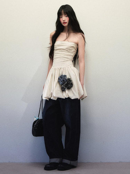1P STUDIO Beige Fine Check Handcrafted Floral Cinched Waist Women&
