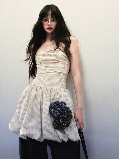 1P STUDIO Beige Fine Check Handcrafted Floral Cinched Waist Women&