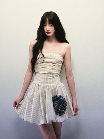 1P STUDIO Beige Fine Check Handcrafted Floral Cinched Waist Women&