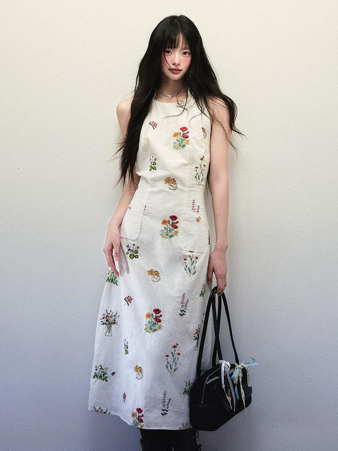 1P STUDIO Beige Floral Embroidered Cutout Back Women&