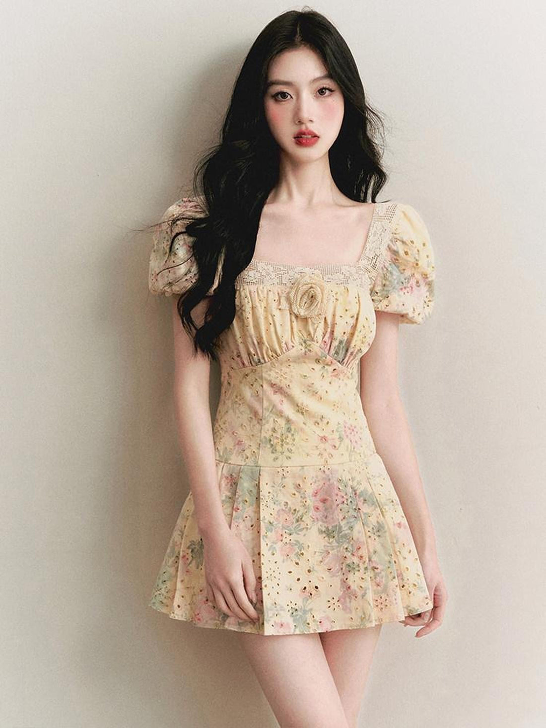1P STUDIO Beige Floral Lace Cutout Square Neck A Line Women&