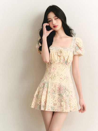 1P STUDIO Beige Floral Lace Cutout Square Neck A Line Women&
