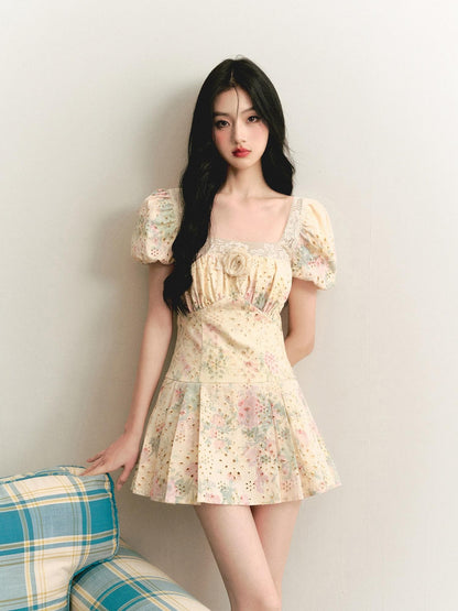 1P STUDIO Beige Floral Lace Cutout Square Neck A Line Women&