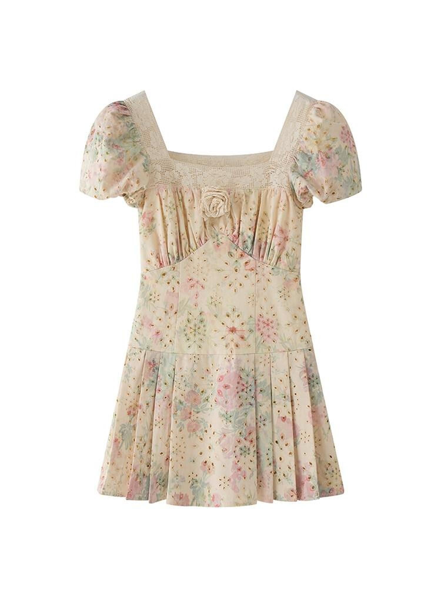 1P STUDIO Beige Floral Lace Cutout Square Neck A Line Women&