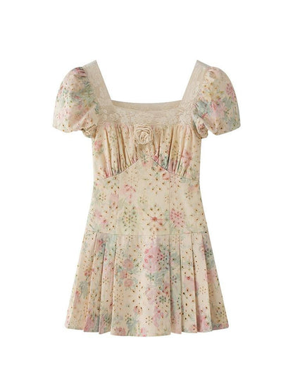 1P STUDIO Beige Floral Lace Cutout Square Neck A Line Women&