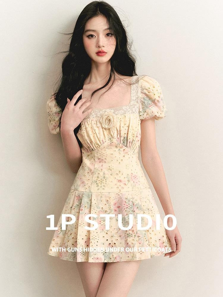1P STUDIO Beige Floral Lace Cutout Square Neck A Line Women&