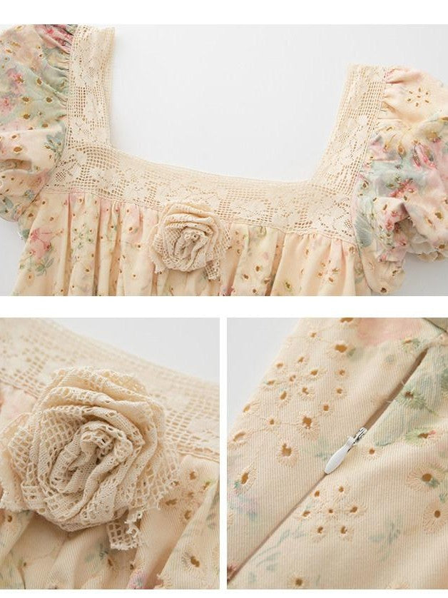 1P STUDIO Beige Floral Lace Cutout Square Neck A Line Women&